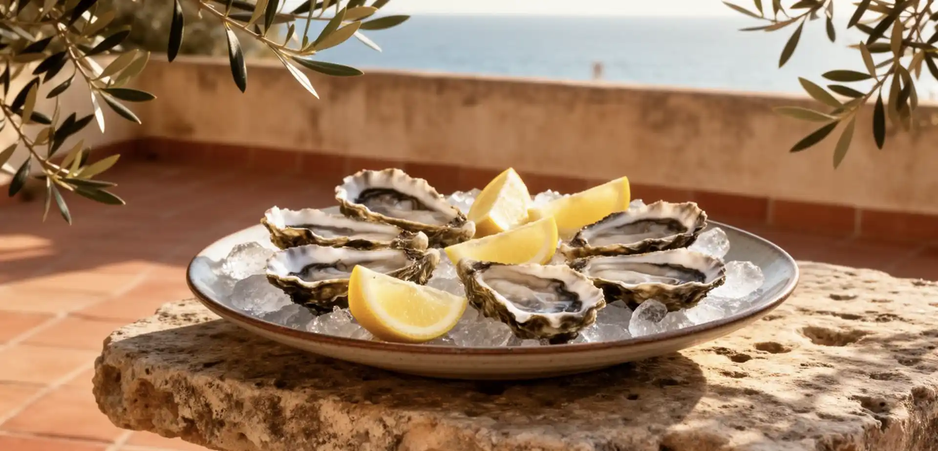 Ein Teller mit mediterranen Austern auf Eis mit Zitronenscheiben, draußen am Meer auf einem Steintisch angerichtet.