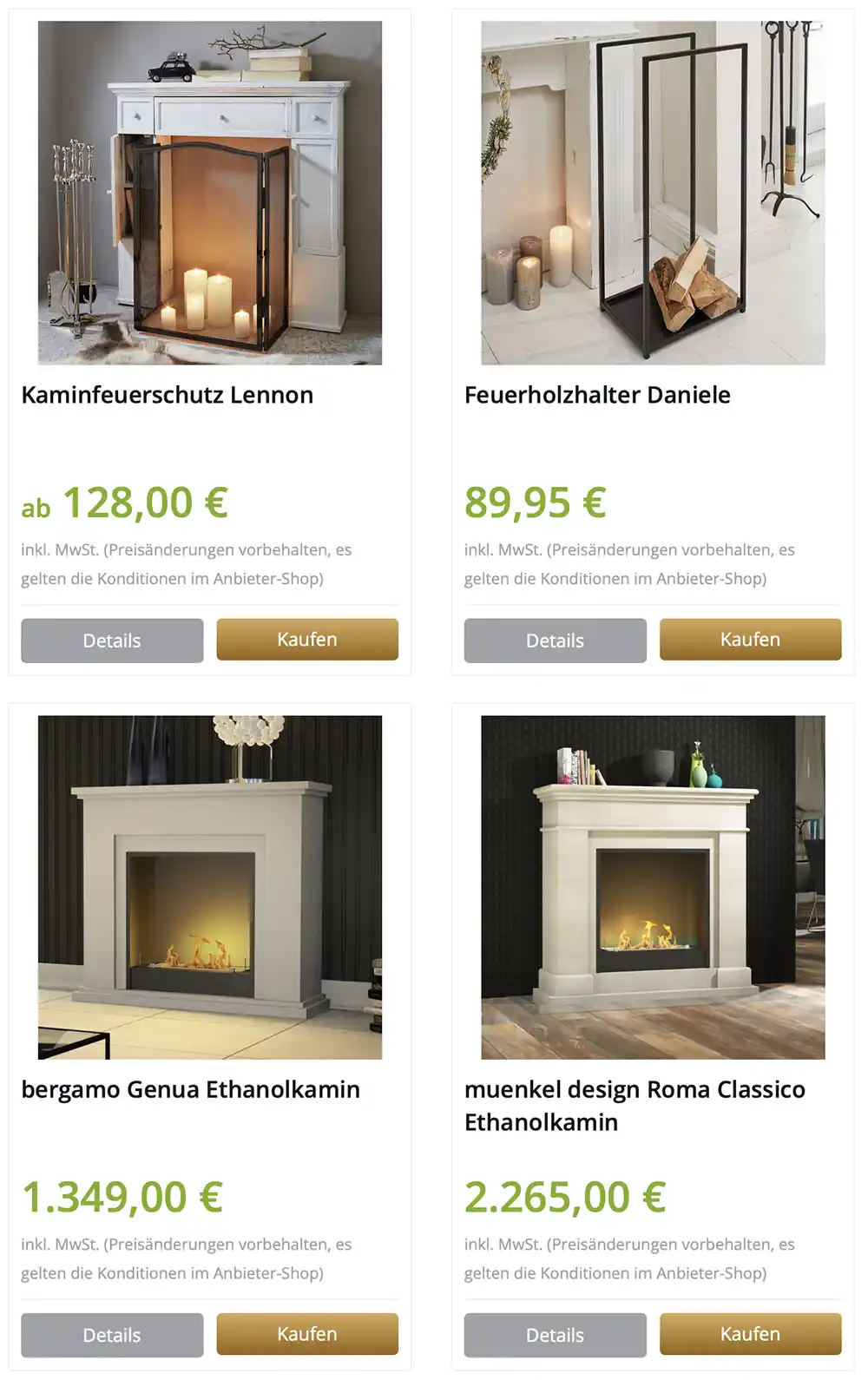 4 Fotos von Kaminkonsolen mit Namen und Preisen