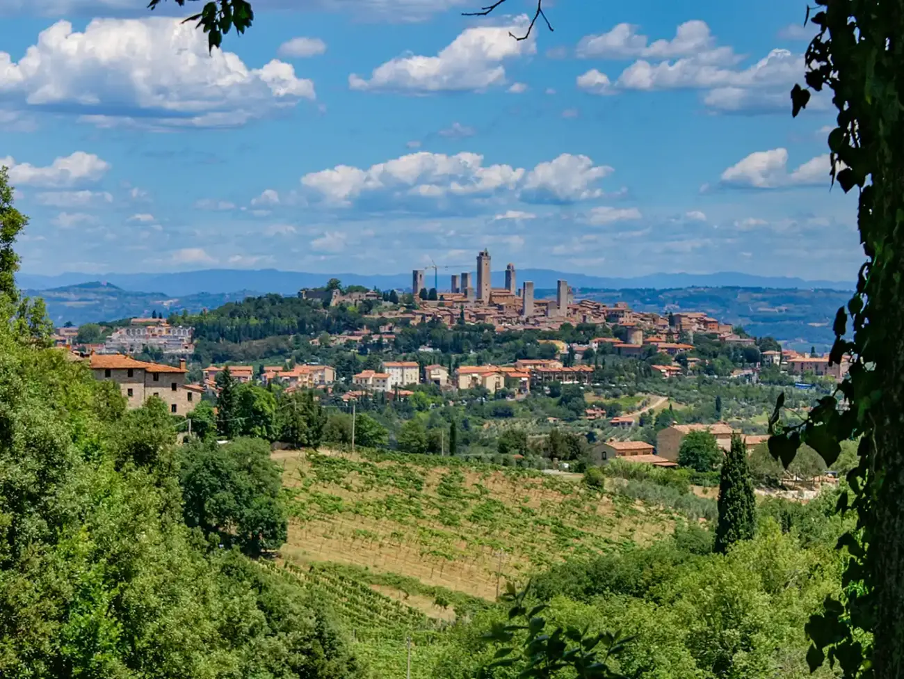 Mittelalterliche Stadt mit vielen hohgen Türmen auf einem Hügel in grüner Landschaft