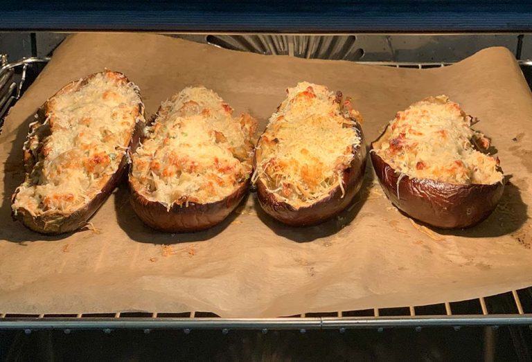 Auberginen mit Schafskäse überbacken, vegetarisch, Rezept