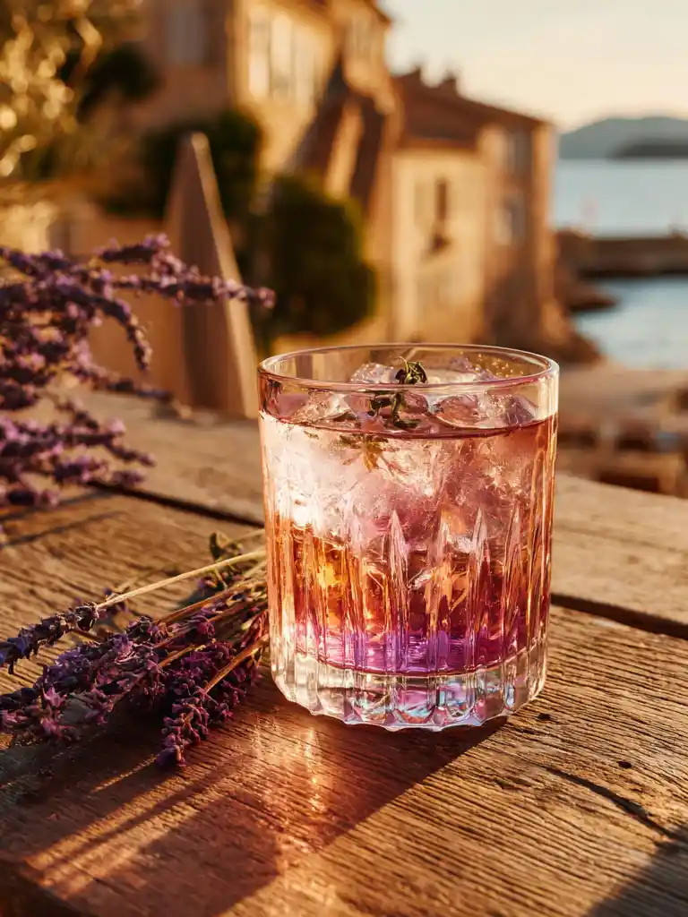 Lavendel-Spritz-alkoholfrei-hoch Ein violetter Cocktail mit Eis liegt auf einem Holztisch neben Lavendelzweigen im warmen Sonnenlicht.