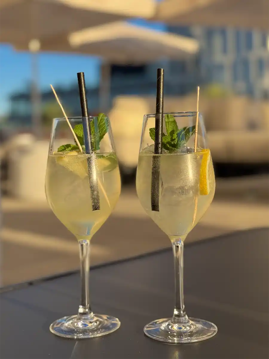 Zwei Gläser mit eisgekühlten Cocktails mit Zitrone, Minze und schwarzen Strohhalmen auf einem Tisch im Freien im Sonnenlicht.