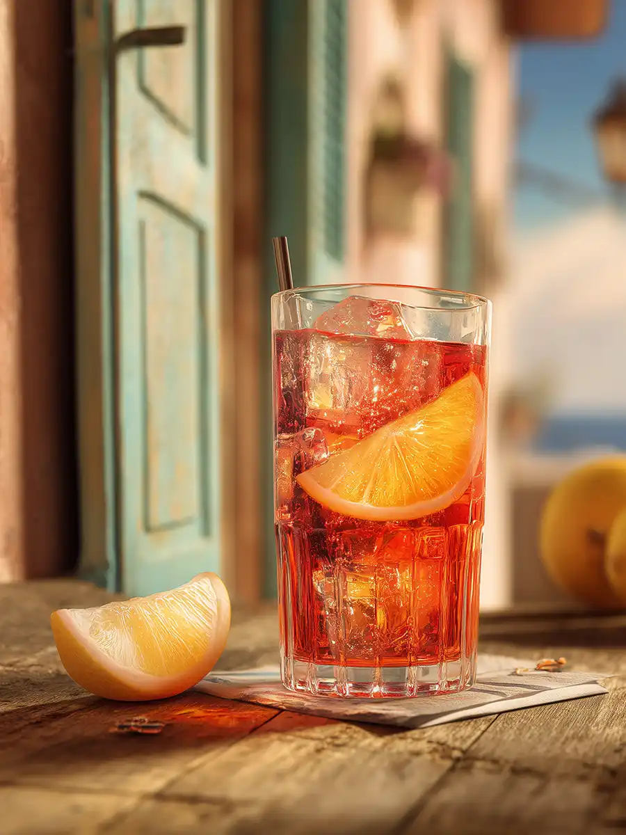 Ein Glas eisgekühltes rotes Getränk mit Orangenscheiben steht an einem sonnigen Tag auf einem Holztisch an einem offenen Fenster.