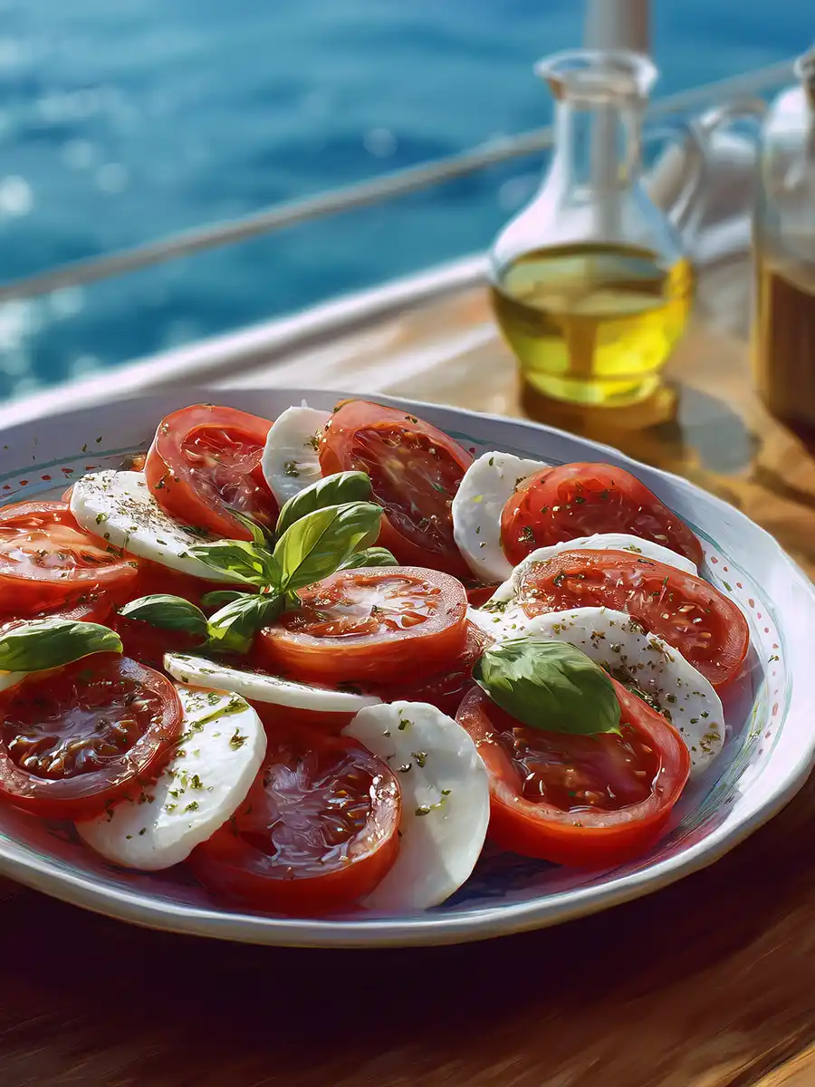 Insalata-Caprese-mit-Mozzarella Ein Teller mit Caprese-Salat mit Tomate, Mozzarella, Basilikum und Olivenöl steht am Meer.