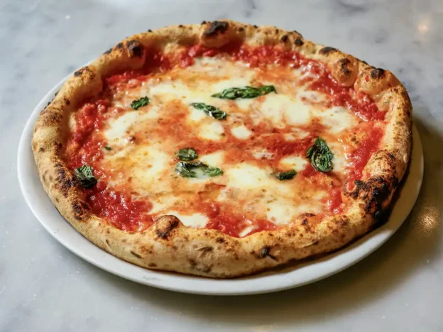 Eine Margherita-Pizza nach neapolitanischer Art mit geschmolzenem Mozzarella, Tomatensauce und Basilikum auf einem weißen Teller.
