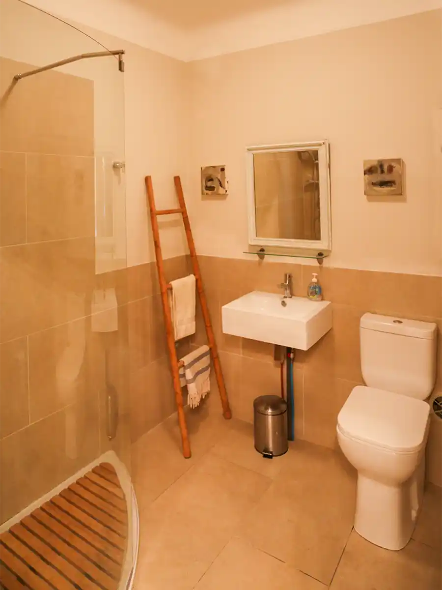 Badezimmer-mediterran-halbrunde-Dusche Modernes Badezimmer mit Dusche, Toilette, Waschbecken, Spiegel und einer Holzleiter, die als Handtuchhalter dient.