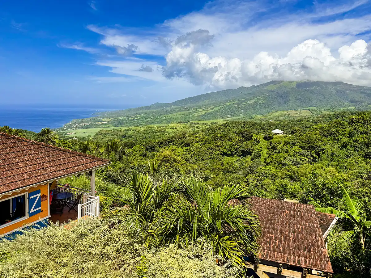 Blick auf üppig grüne Hügel und die Küstenlinie unter einem strahlend blauen Himmel mit vereinzelten Wolken, Häuser im Vordergrund.