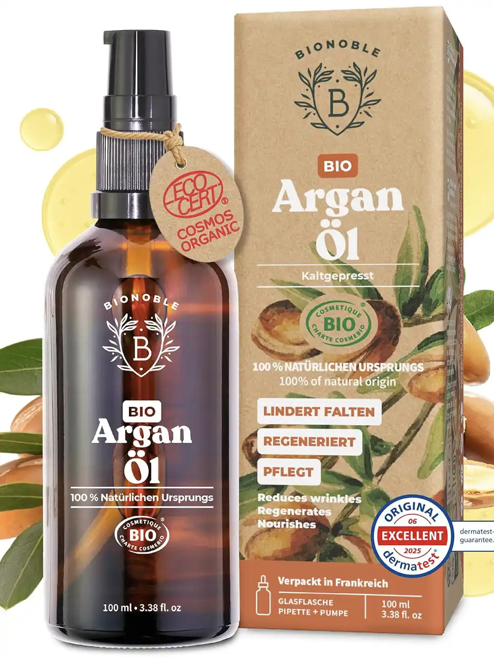 Eine Flasche Bionoble Bio-Arganöl neben der Verpackung, die die Zertifizierungen für Bio- und Naturprodukte hervorhebt.
