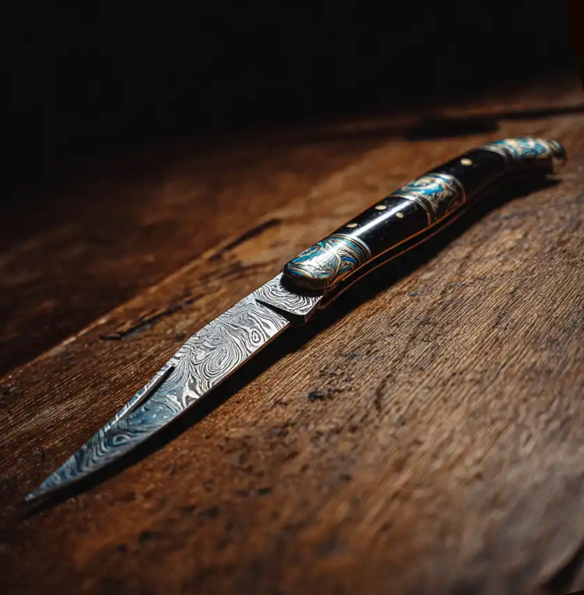 Ein dekoratives Klappmesser mit Klinge aus Damaststahl und verziertem Griff ruht auf einer Holzoberfläche.