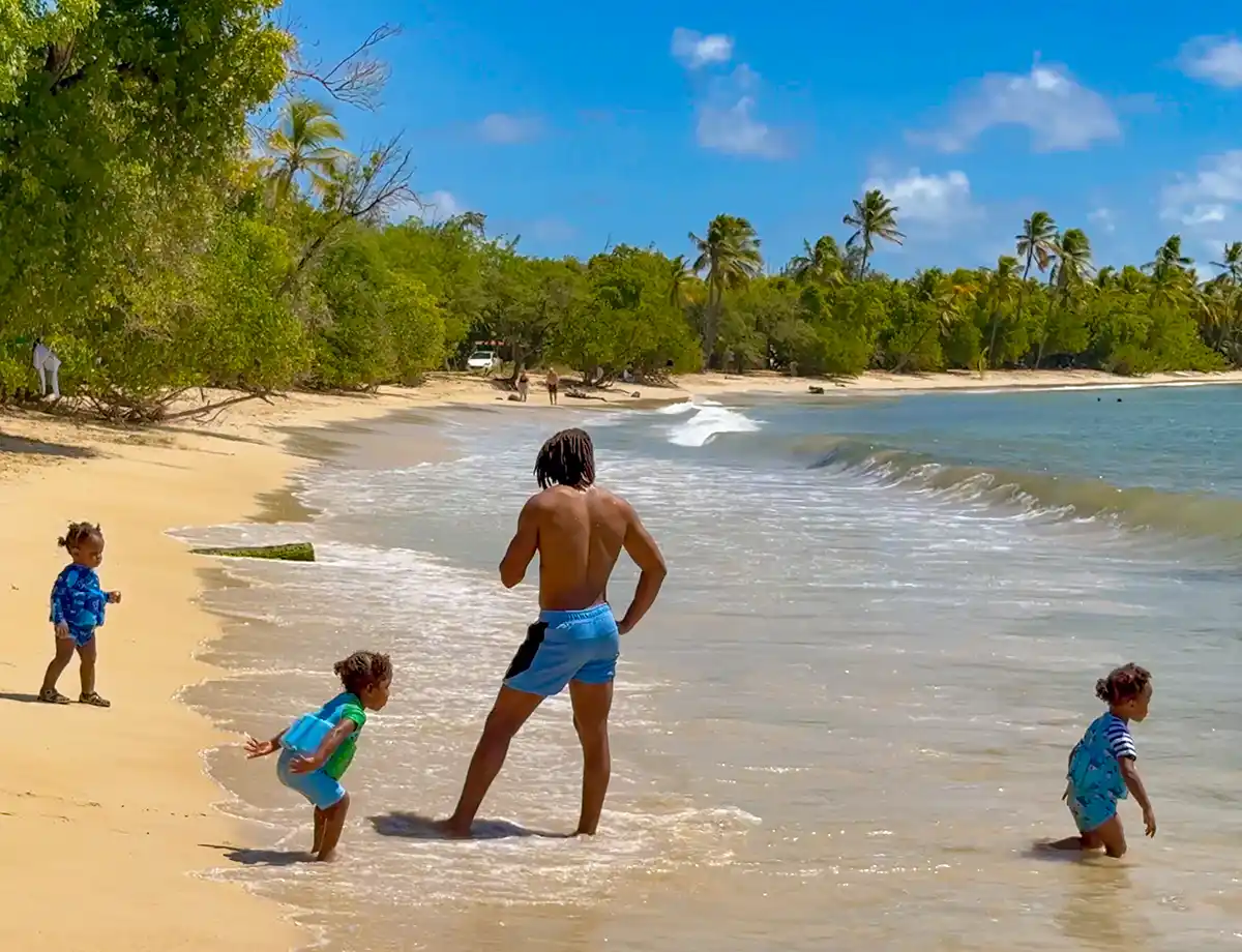Martinique-Les-Salines-Strand-Kinder Ein Mann und drei Kinder spielen am Rande des Wassers an einem sonnigen tropischen Strand mit Palmen.