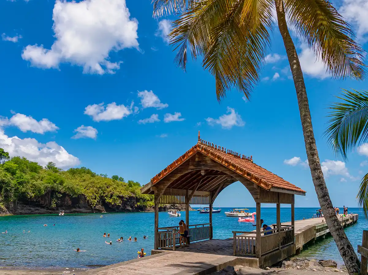 Martinique-Straende-Anse-Noire Ein hölzerner Steg mit einem Pavillon ragt in das klare, blaue Wasser, in dem Schwimmer und Boote unter einem sonnigen Himmel schwimmen.