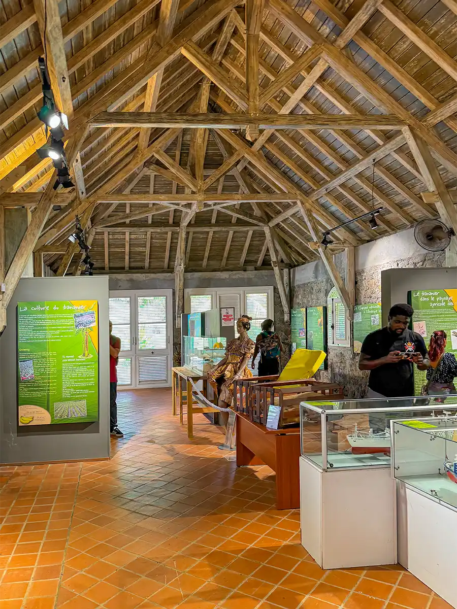 Sehenswuerdigkeiten-Martinique-Bananenmuseum In einem Museum mit Holzbalken und Fliesenboden werden Schautafeln und Informationstafeln betrachtet.