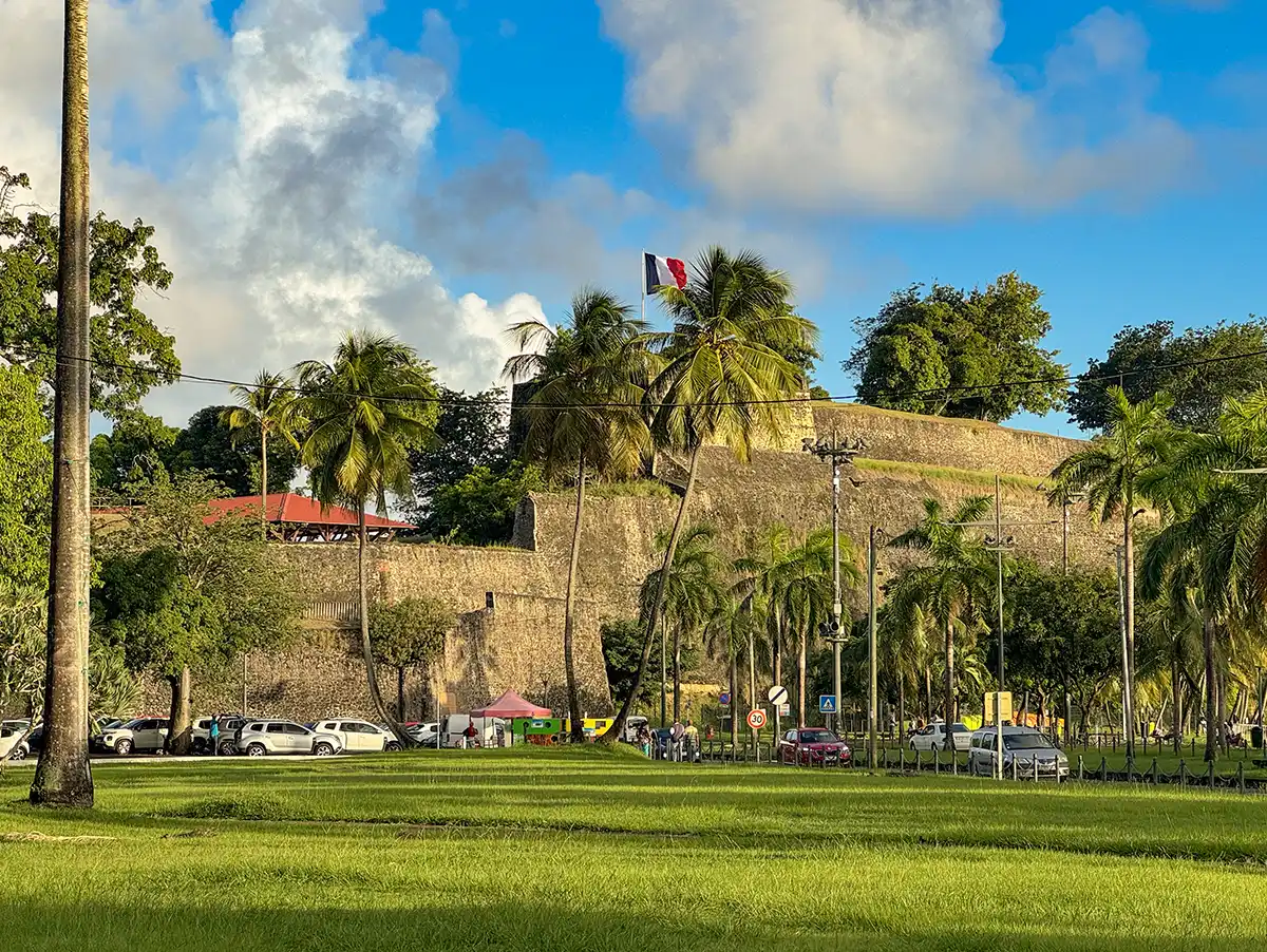 Sehenswurdigkeiten-Martinique-Fort-Saint-Louis Ein historisches Steinkastell mit einer Fahne auf der Spitze, umgeben von Palmen und Autos, die auf einer Wiese darunter geparkt sind.