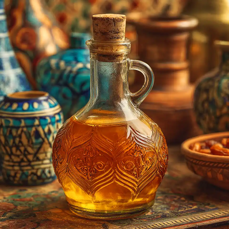 Verschnörkelte Glasflasche, gefüllt mit goldener Flüssigkeit, umgeben von bunt gemusterten Töpferwaren und Geschirr.