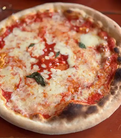 Eine klassische Margherita-Pizza mit geschmolzenem Käse, Tomatensauce und Basilikum auf einer verkohlten Kruste.