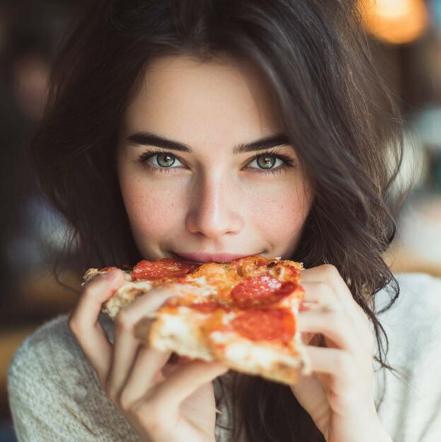 Frau mit dunklem Haar, die gerade ein Stück Pizza isst und es an den Mund hält.