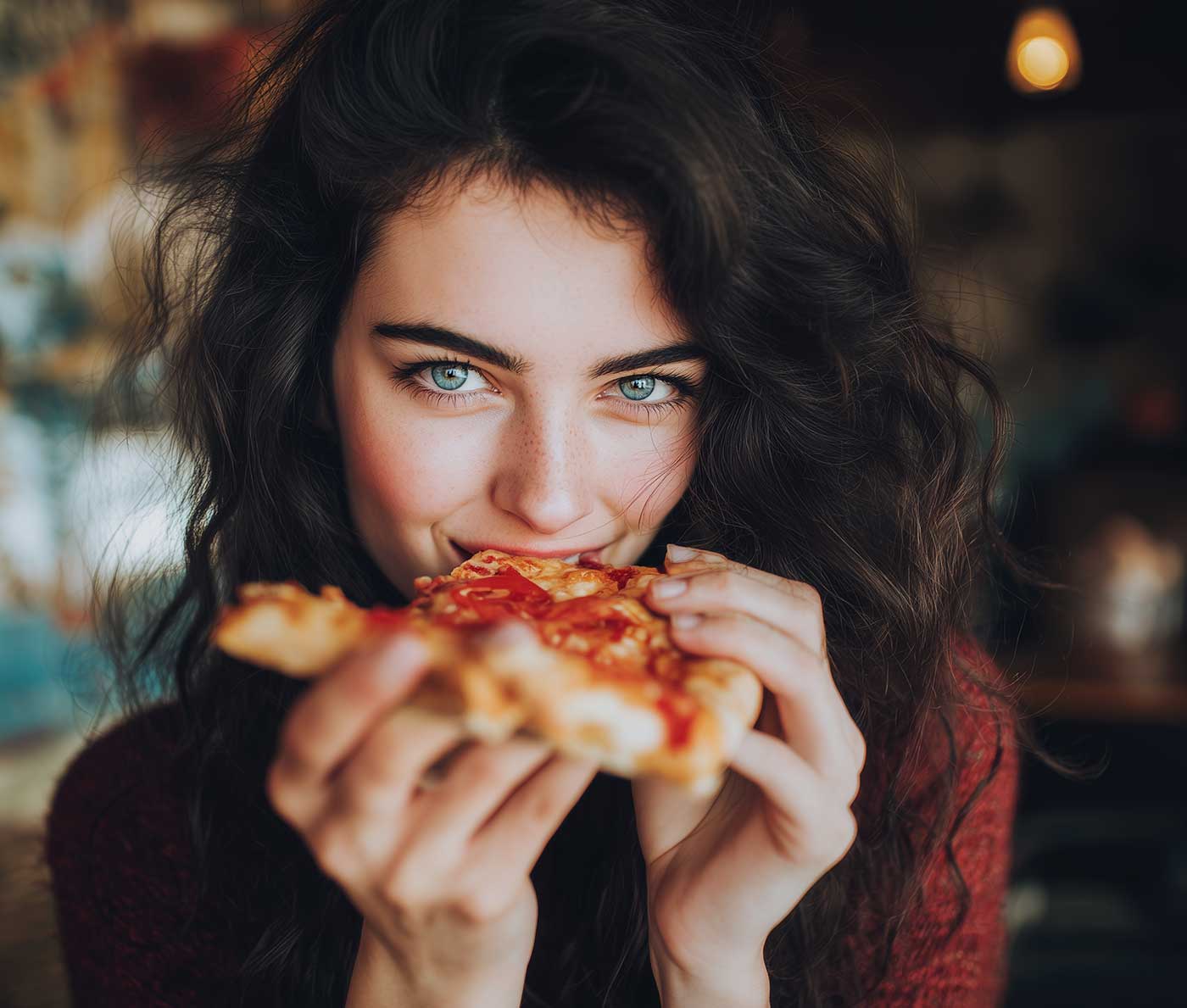 Pizza-Weltgericht Eine Frau mit lockigem Haar lächelt, während sie ein Stück Pizza in der Hand hält und essen will.