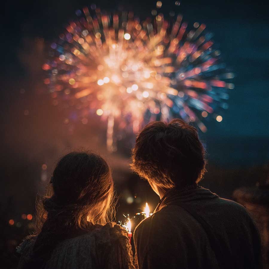 Zwei Menschen sehen sich ein buntes Feuerwerk am Nachthimmel an und halten Wunderkerzen in der Hand.