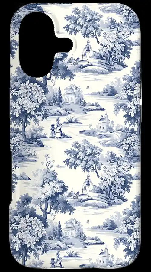 Handytasche mit blauen und weißen Landschaftsszenen, die Bäume, Menschen und kleine Gebäude zeigen.