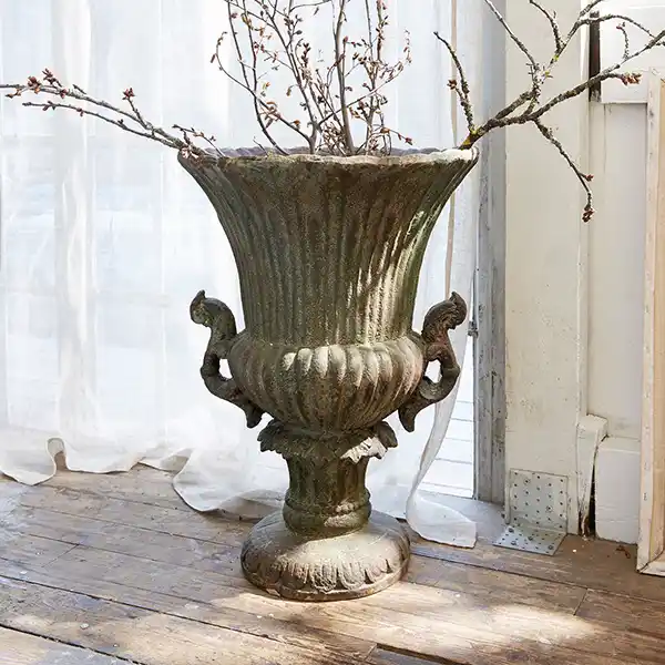 Verschnörkelte Metallurne mit Griffen, die kahle Zweige trägt und auf dem Holzboden neben einem Fenster mit durchsichtigen Vorhängen steht.