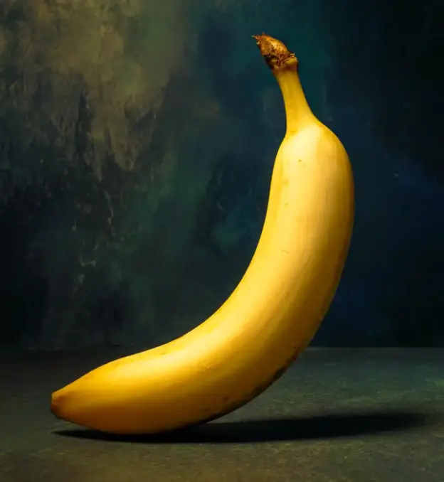 Eine einzelne reife Banane steht aufrecht vor einem dunklen, strukturierten Hintergrund.