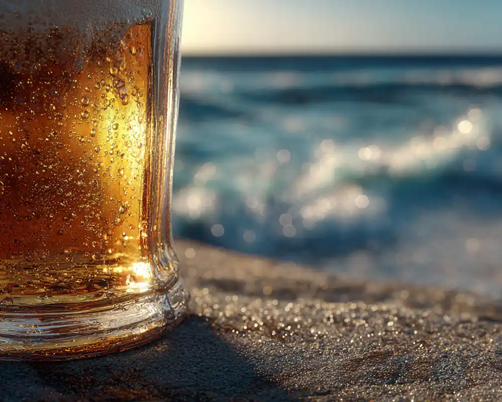 Bier-am-Meer Nahaufnahme eines Biers in einem Glas am Strand, mit Meereswellen und Sonnenlicht im Hintergrund.