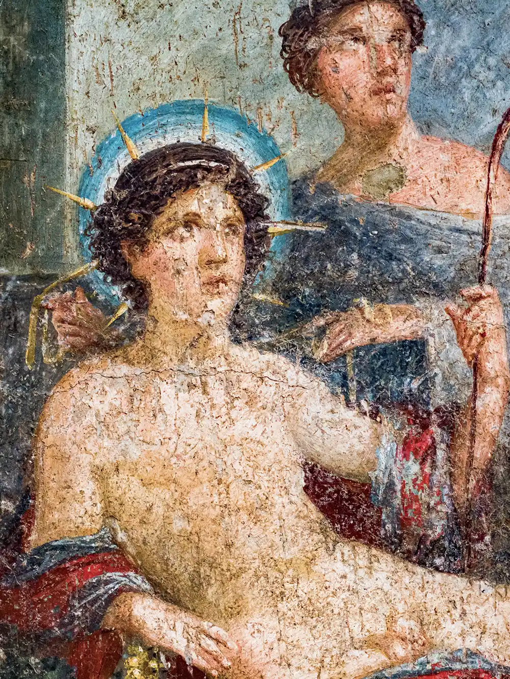 Antikes Fresko mit zwei Figuren, eine mit strahlendem Heiligenschein, beide in klassischer Kleidung, die abgenutzt und verblasst wirkt.