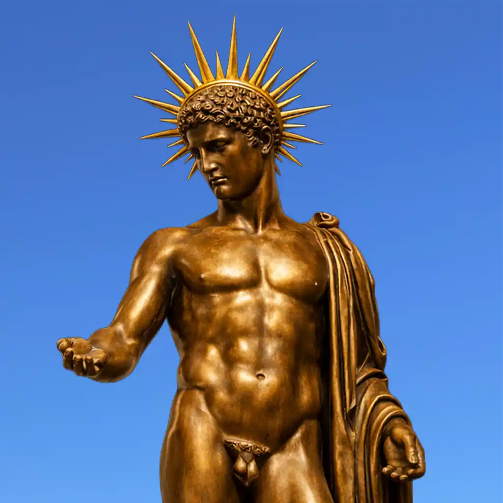 Goldene Statue eines muskulösen Mannes mit einer strahlenden Sonnenkrone, in ein Tuch gehüllt, vor einem klaren blauen Himmel.