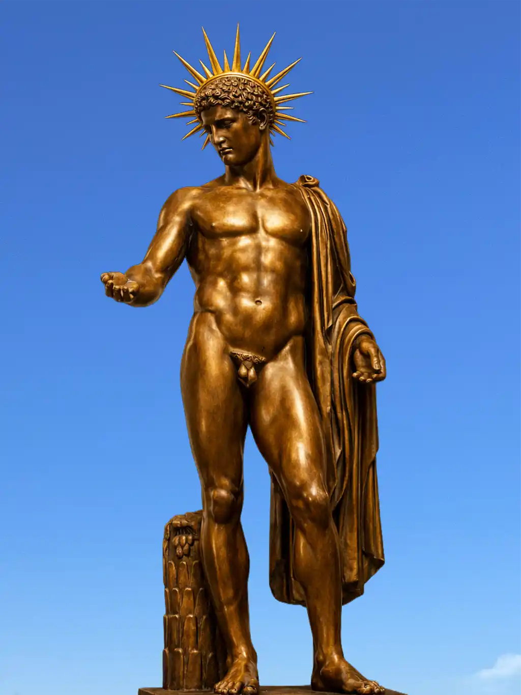 Bronzestatue eines nackten Mannes mit Sonnenkrone, der vor einem strahlend blauen Himmel steht.