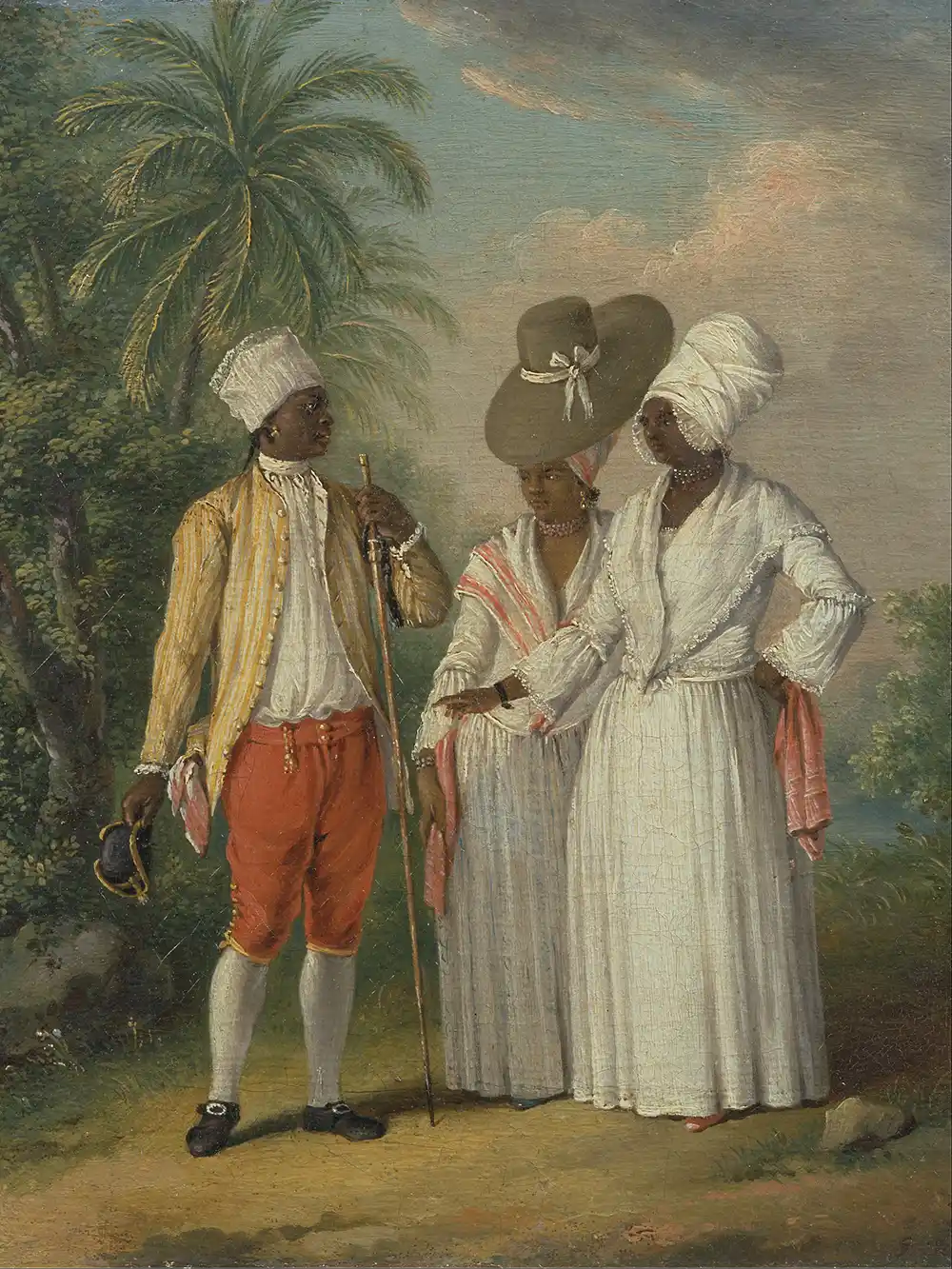 Drei Personen in karibischer Kleidung aus dem 18. Jahrhundert stehen im Freien in der Nähe von Palmen und sprechen miteinander.