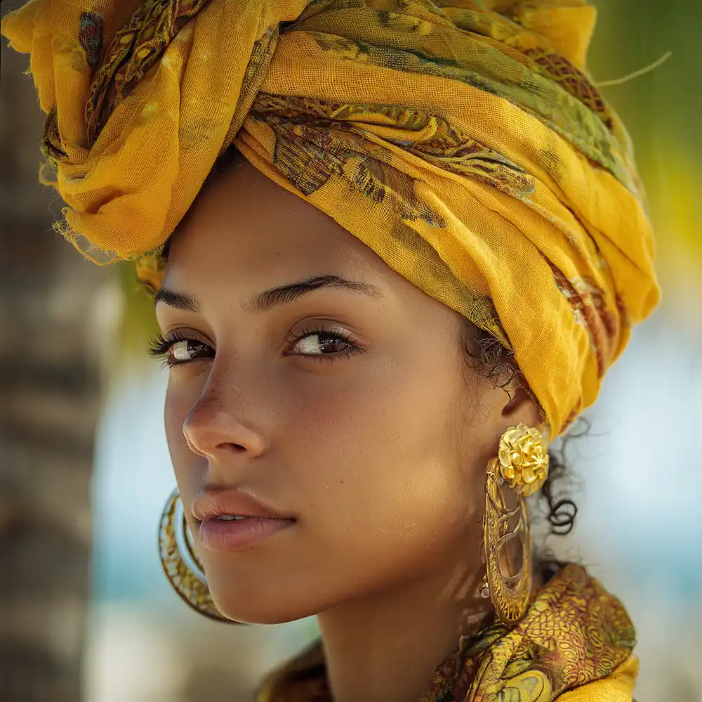 Eine Frau mit einem gelben Kopftuch und goldenen Ohrringen blickt ruhig in die Kamera im Freien.