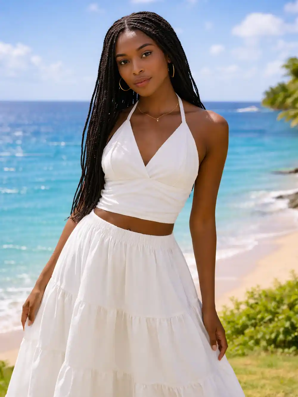 Frau in weißem Neckholder-Top und Rock, die am Strand steht, mit Meer und Palmen im Hintergrund.