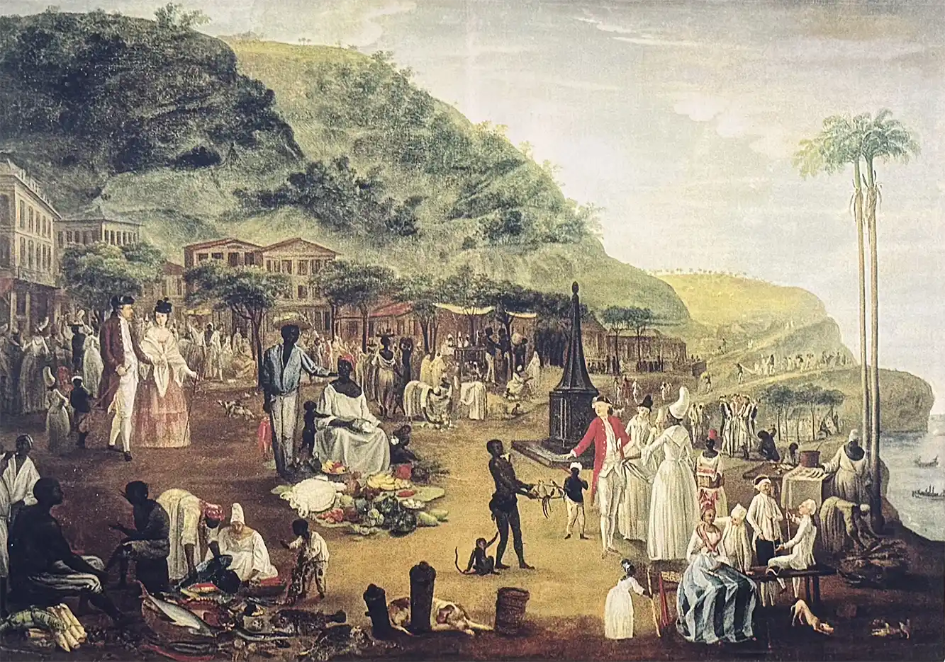 Eine geschäftige Marktszene aus dem 19. Jahrhundert mit Menschen, die in der Nähe von Hügeln, Gebäuden und Palmen mit Waren handeln.