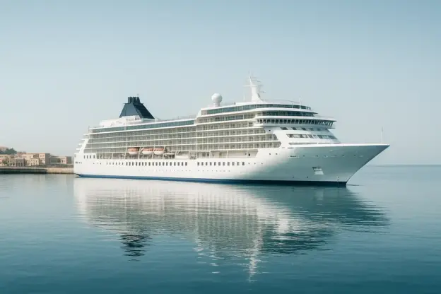 Ein großes weißes Kreuzfahrtschiff liegt an einem klaren, sonnigen Tag in einem ruhigen Hafen vor Anker.