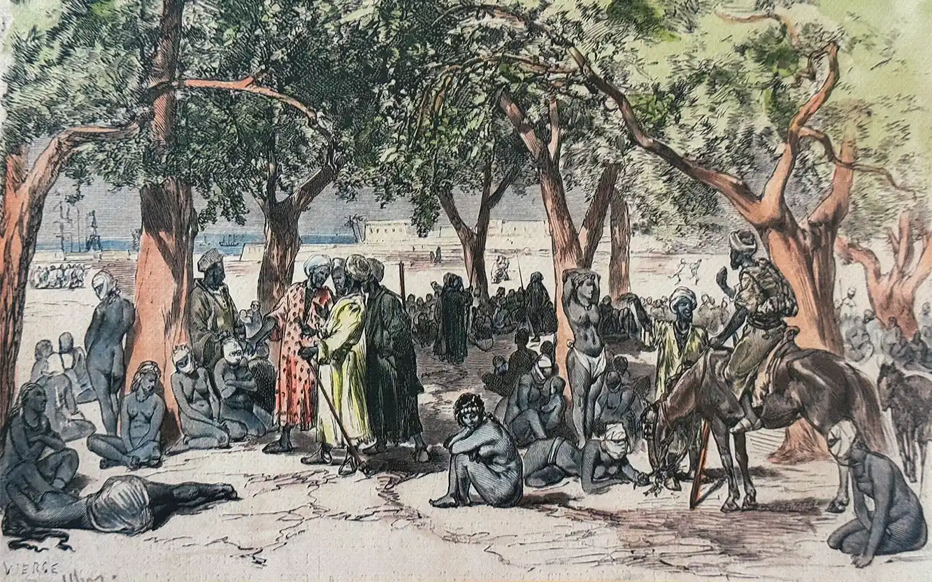 Eine Gruppe von Menschen, viele sitzend oder geduckt, versammelt sich unter Bäumen; einige Figuren stehen oder reiten auf einem Pferd.