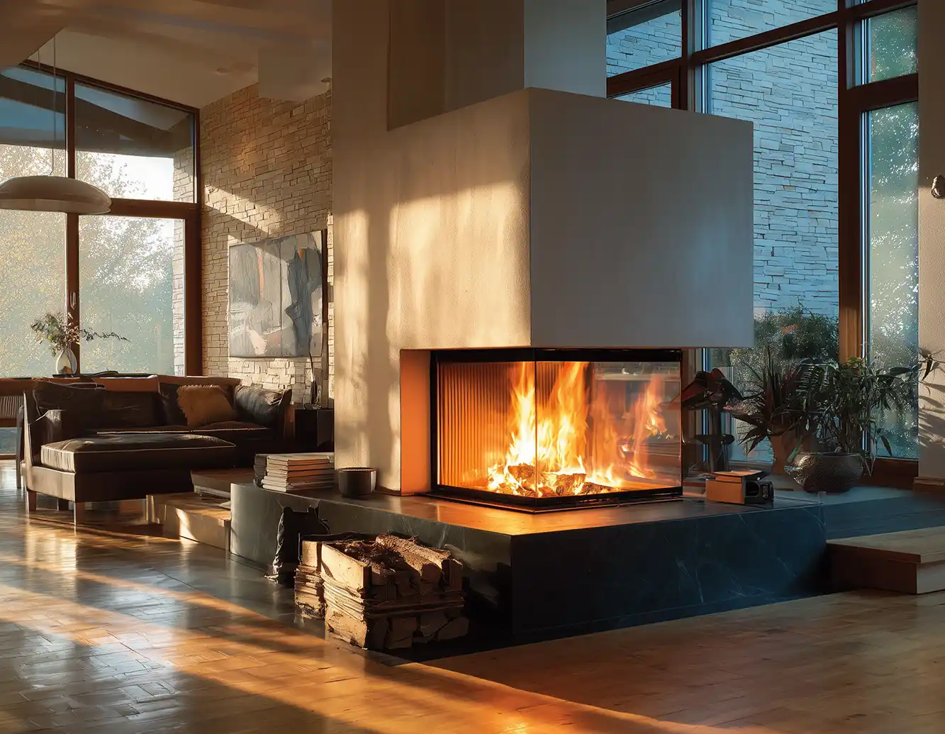 Modernes Wohnzimmer mit großem Glaskamin, Holzböden und Sonnenlicht, das durch große Fenster einfällt.