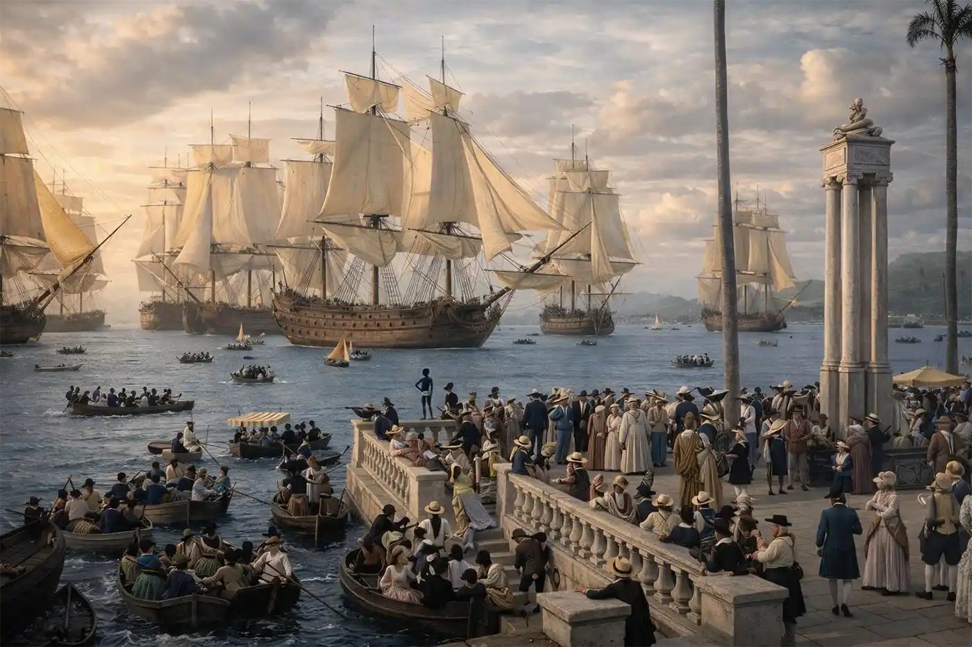 Haiti-Hafen-Port-au-Prince-1790-2 Menschenmassen versammeln sich am Ufer, während große Segelschiffe unter einem teilweise bewölkten Himmel im Hafen ankern.