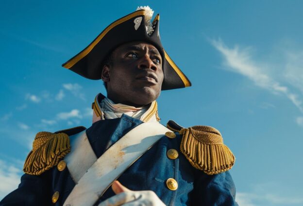 Ein Mann in blauer Militäruniform und Dreispitzhut steht vor einem blauen Himmel und schaut in die Ferne.