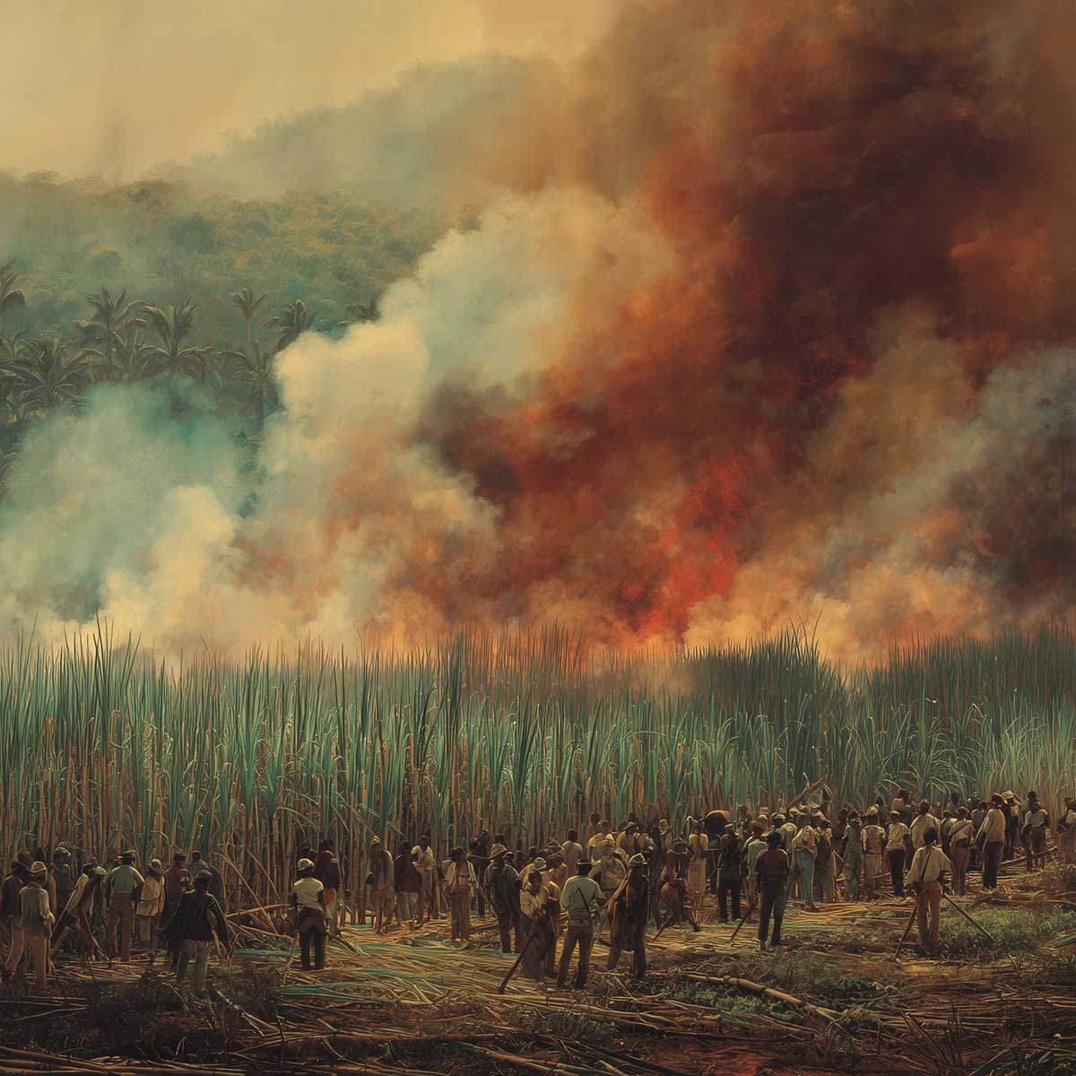 Haitianische-Revolution-Zuckerrohrfelder Eine große Gruppe von Menschen beobachtet ein brennendes Feld, aus dem in der Nähe eines bewaldeten Hügels dichter Rauch aufsteigt.