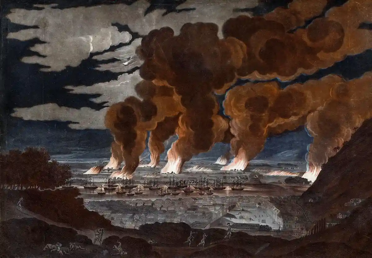 Haitianische-Revolution-brennende-Felder Gemälde mit großen Rauchwolken und Feuer auf feldern, davor Schiffe