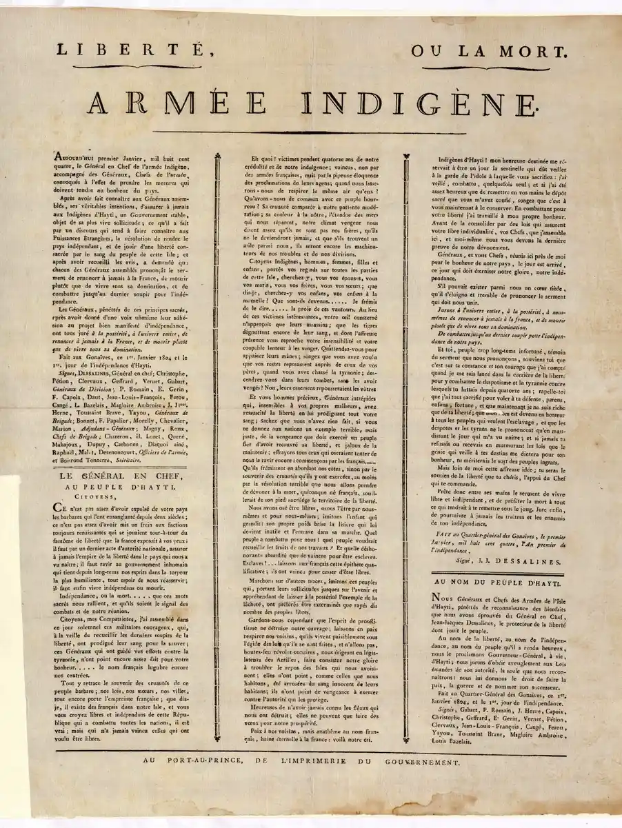Haitianische-Unabhaengigkeitserklaerung Ein historisches französisches Dokument mit dem Titel Armée Indigène mit drei Spalten gedrucktem Text.