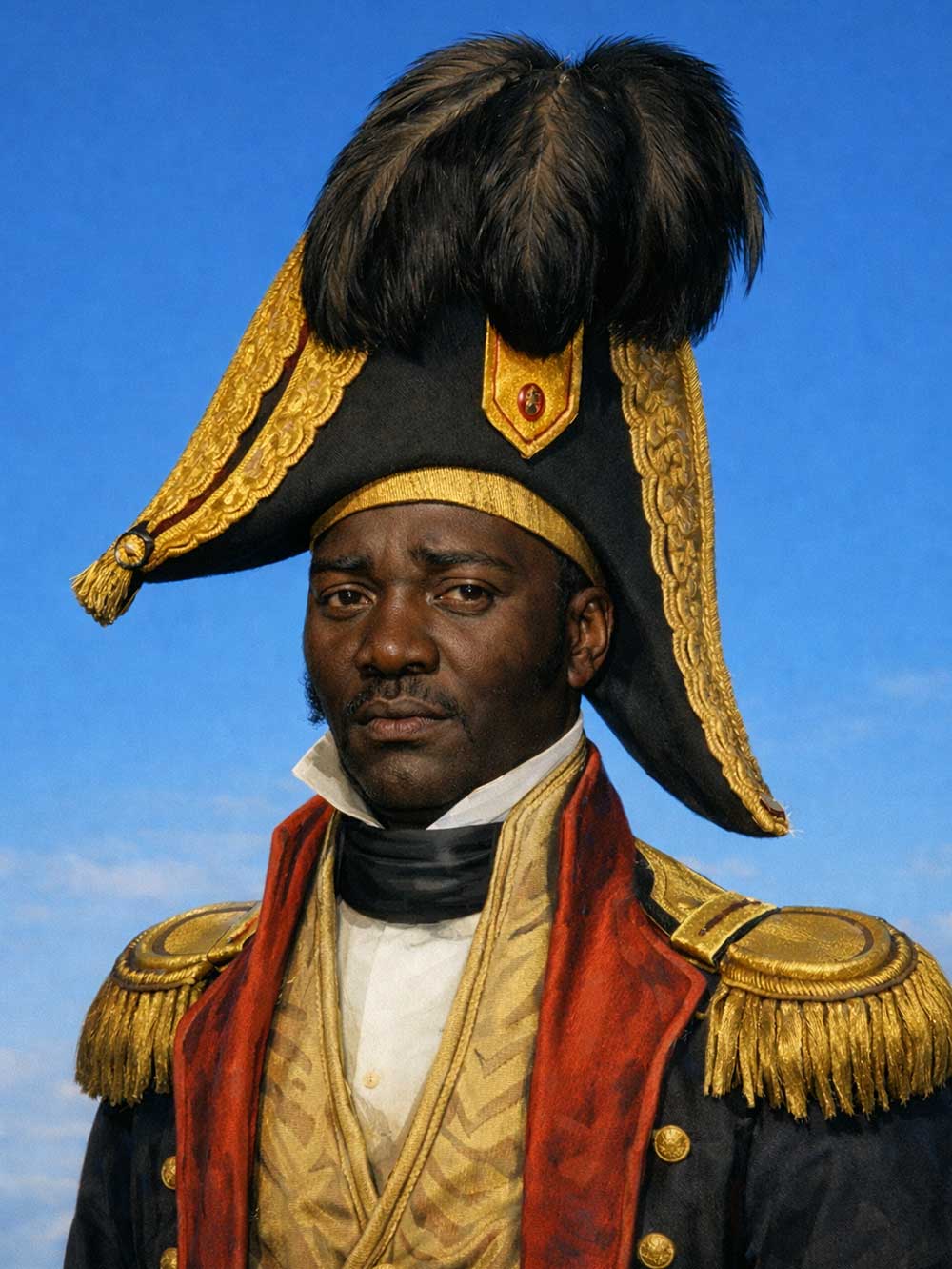 Kaiser-Haiti-Dessalines Ein Mann in einer historischen Militäruniform mit goldenen Details und einem gefiederten Zweispitzhut posiert vor einem blauen Himmel.
