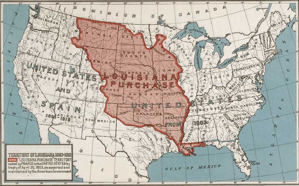 Karte der Vereinigten Staaten, auf der das Gebiet des Louisiana Purchase in Rot über dem zentralen Nordamerika hervorgehoben ist.