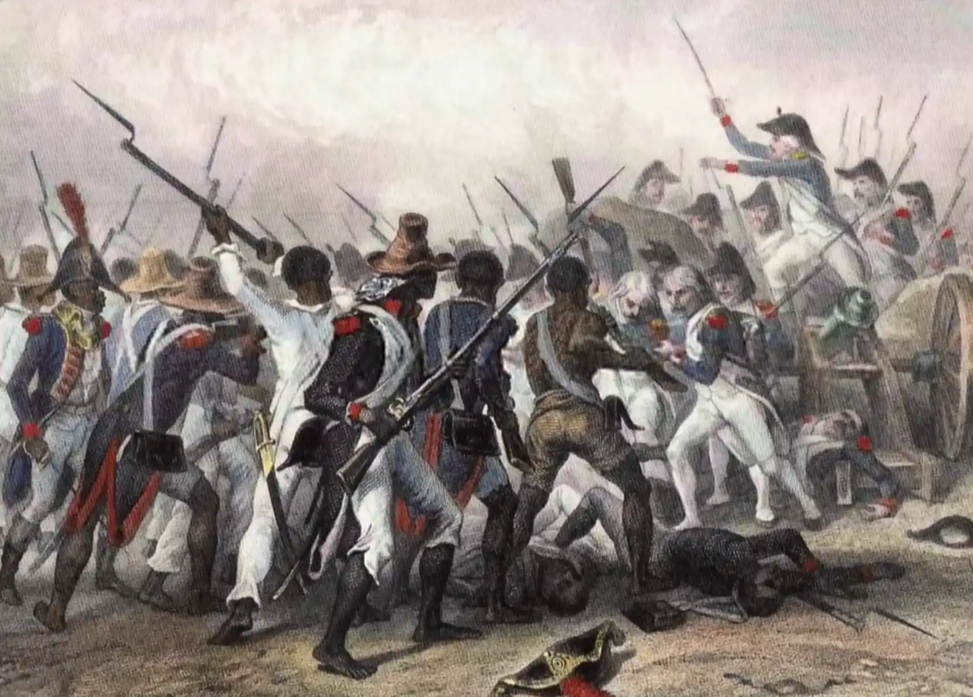 Schlacht-von-Vertieres Soldaten in Uniformen aus dem 18. Jahrhundert kämpfen mit Bajonetten in einer chaotischen Schlachtszene.