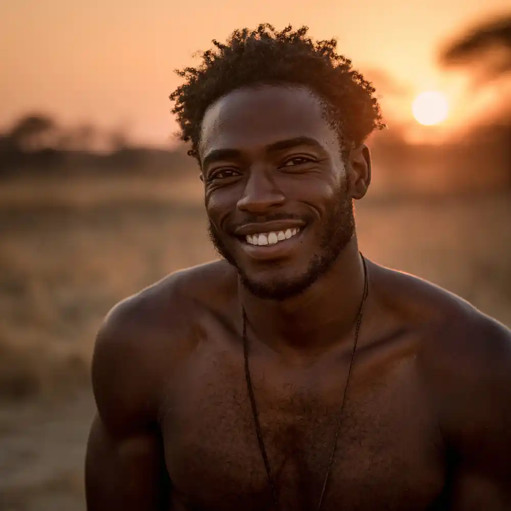 Homo-Sapiens-Afrika Ein lächelnder dunkelhäutiger Mann mit krausen schwarzen Haaren im Freien bei Sonnenuntergang