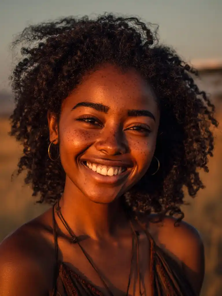 Homo-Sapiens-Eva-Urmutter-Afrika Lächelnde Frau mit lockigem Haar und Ohrringen im Freien in warmem, goldenem Sonnenlicht.