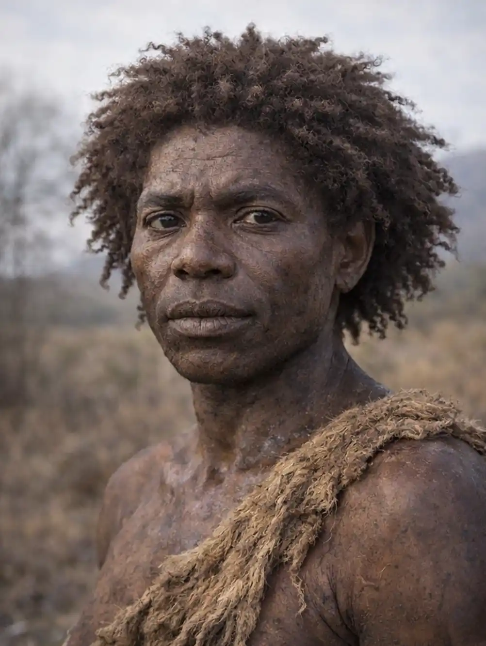 Homo-Sapiens-Jebel-Irhoud-Frau Eine dunkelhäutige Frau mit lockigem Haar und Fell-Kleidung steht im Freien in einer natürlichen, rauen Landschaft.
