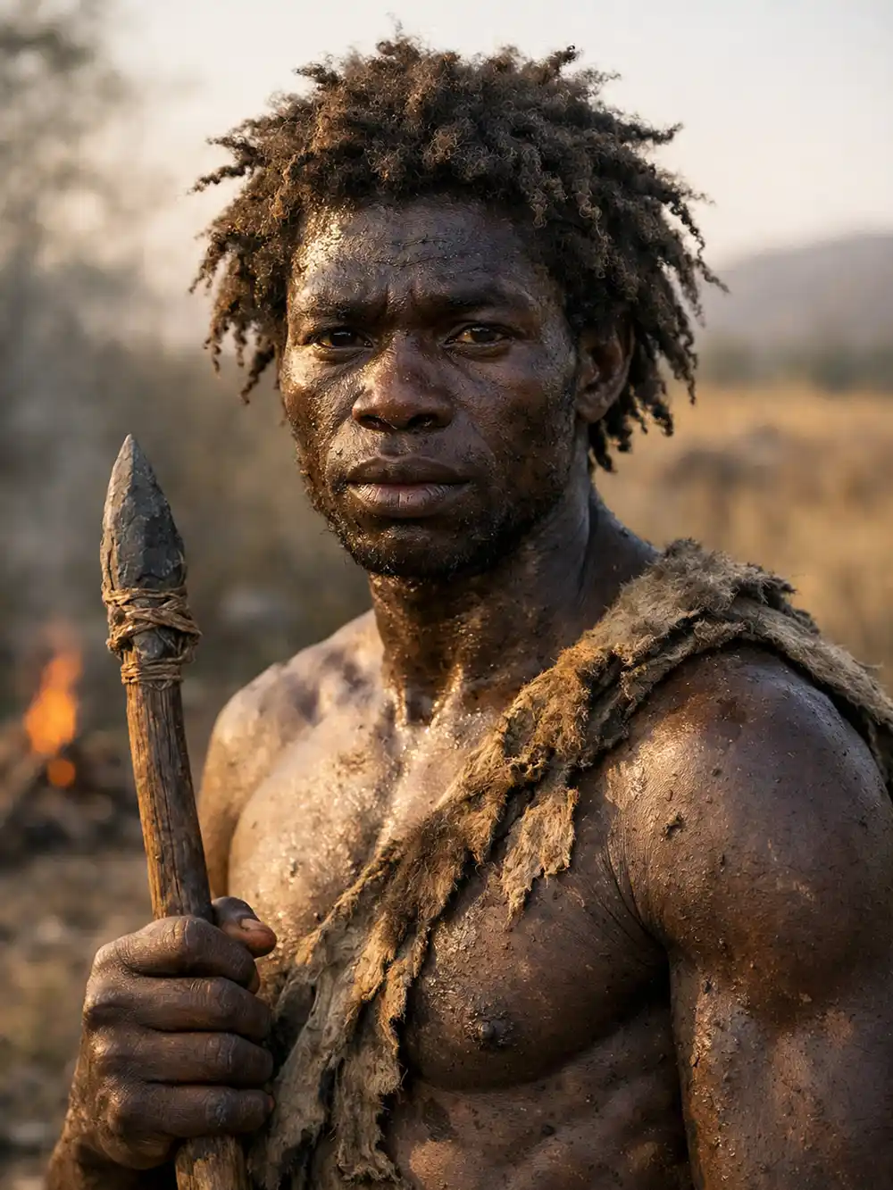 Homo-Sapiens-Jebel-Irhoud-Mann Ein Mann in primitiver Kleidung hält einen Speer und steht im Freien, während im Hintergrund ein Feuer brennt.