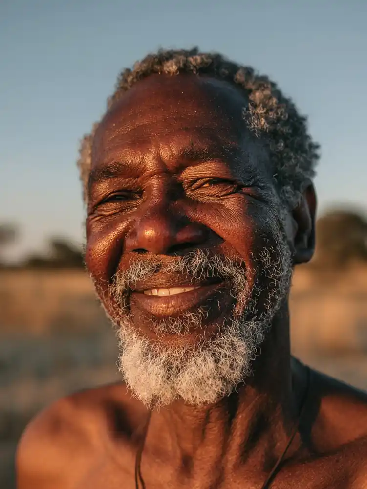 Homo-Sapiens-Savanne Ein älterer Mann mit dunkler Haut, grauen Haaren und Bart lächelt im Freien im Sonnenlicht, vor einem unscharfen natürlichen Hintergrund.
