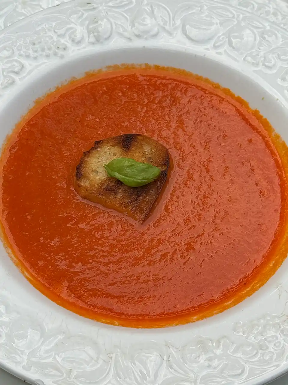 Eine Schale Tomatensuppe mit einer getoasteten Brotscheibe und einem Basilikumblatt obenauf, serviert auf einem weißen Teller.